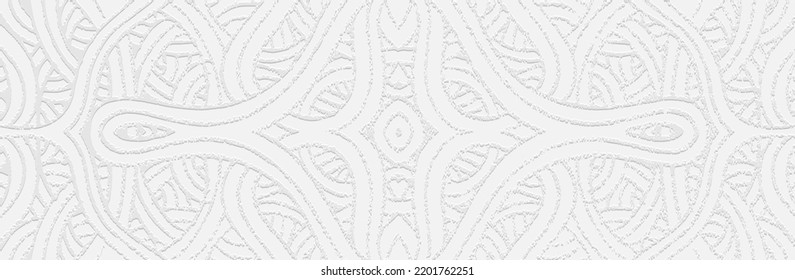 Banner, cover design. Embossed ethnic vintage elegant 3d pattern on white background, boho style, paper press. Tribal ornamental variants of the East, Asia, India, Mexico, Aztecs, Peru.

