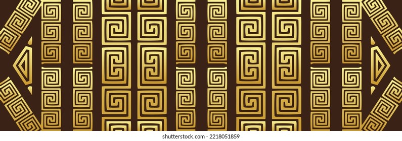 Banner, cover design. Embossed ethnic golden pattern on a brown background, geometric texture, press paper. Greek meander ornament, boho style for website, presentation.