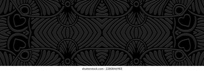 Banner, cover design. Embossed ethnic geometric 3D pattern on a black background with hearts. Handmade ornaments of the East, Asia, India, Mexico, Aztecs, Peru. Unique doodling and zentagle style.