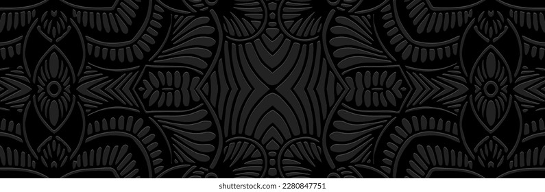 Cartel, diseño de portada. Patrón geométrico 3D emboscado en un fondo negro. Ornamentos hechos a mano Este, Asia, India, México, Aztecas, Perú. Estilo de garabato y zentagle de moda.