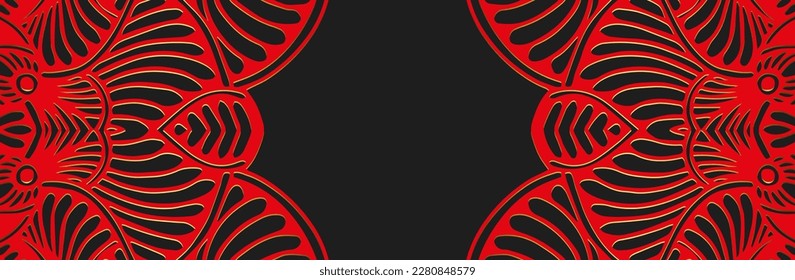 Banner, cover design. Embossed ethnic geometric 3D pattern on a black background with gold. Ornaments handmade East, Asia, India, Mexico, Aztecs, Peru. Exotic doodling and zentagle style.