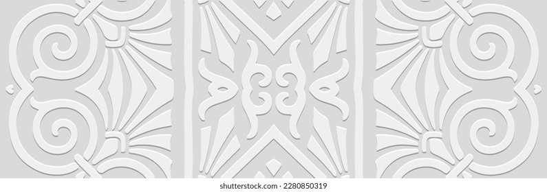 Banner, cover design. Embossed ethnic geometric 3D pattern on a white background. Ornaments handmade East, Asia, India, Mexico, Aztecs, Peru. Elegant doodling and zentagle style.