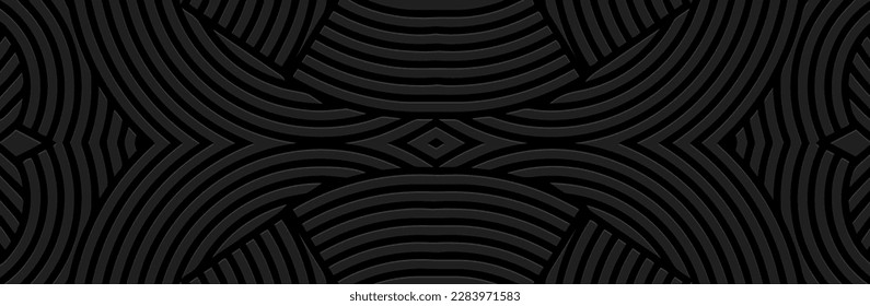 Banner, cover design. Embossed ethnic geometric 3d tribal boho pattern of lines, handmade. Artistic black background, press paper. Themes of the East, Asia, India, Mexico, Aztecs, Peru.