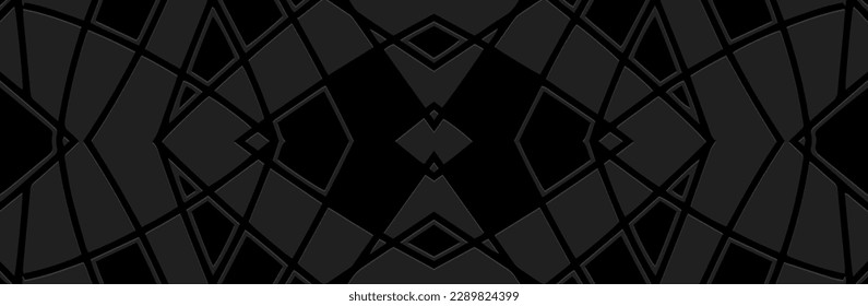 Banner, cover design. Embossed ethnic geometric 3d tribal boho pattern, handmade, ornaments. Black background, press paper. Creativity of the East, Asia, India, Mexico, Aztecs, Peru.