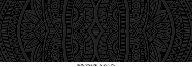 Banner, cover design. Embossed ethnic 3D tribal boho pattern, handmade, ornaments. Geometric black background, press paper. Exotic oriental, indonesian, mexican, aztec style.