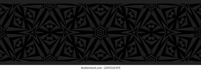 Banner, cover design. Embossed ethnic 3D boho pattern, handmade. Geometric black background, original ornaments. Tribal flavor, the best traditions of the East, Asia, India, Mexico, Aztec, Peru.