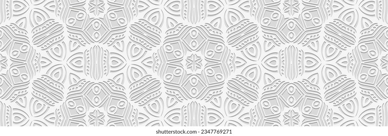 Banner, cover design. Embossed ethnic 3D boho pattern, handmade. Geometric black background, elegant floral tribal ornaments. Fashionable motives of the East, Asia, India, Mexico, Aztec, Peru.
