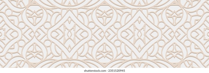 Banner, cover design. Embossed ethnic 3D boho pattern. Light beige background, geometric ornaments with minimalistic elements. Tribal flavor of the East, Asia, India, Mexico, Aztec, Peru.