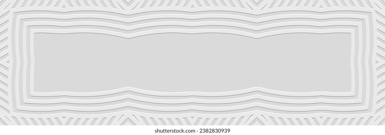 Banner, cover design. Embossed ethnic tribal geometric 3D pattern from lines on a white background, space for text. Minimalism, boho. Old motifs of the East, Asia, India, Mexico, Aztec, Peru.