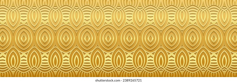 Banner, cover design. Embossed ethnic tribal geometric trendy 3D line pattern, golden texture. Abstraction. Original motifs of the East, Asia, India, Mexico, Aztec, Peru.