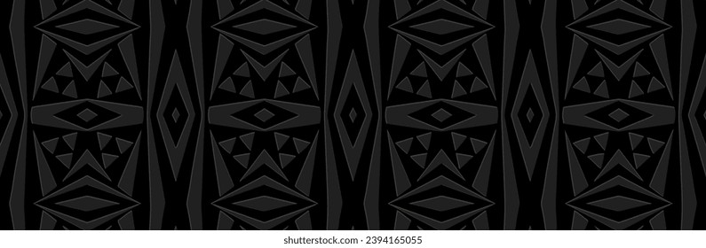 Banner, cover design. Embossed ethnic tribal geometric decorative 3D pattern on black background. Abstraction, handmade, anti-stress. Motifs of the peoples of the East, Asia, India, Mexico, Aztec