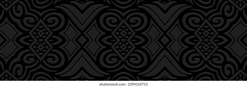 Banner, cover design. Embossed ethnic tribal geometric unique 3D pattern on black background. Abstraction, handmade, anti-stress. Motifs of the peoples of the East, Asia, India, Mexico, Aztec, Peru.