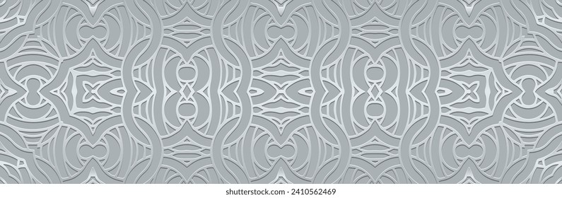 Banner, cover design. Embossed ethnic tribal geometric silver 3D pattern on silver background. Handmade. Ornamental decorative art of the East, Asia, India, Mexico, Aztec, Peru.