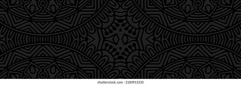 Banner, cover design. Embossed exotic ethnic fantasy 3d pattern on black background, vintage geometric art deco style. Tribal ornaments, textures for websites, presentations.