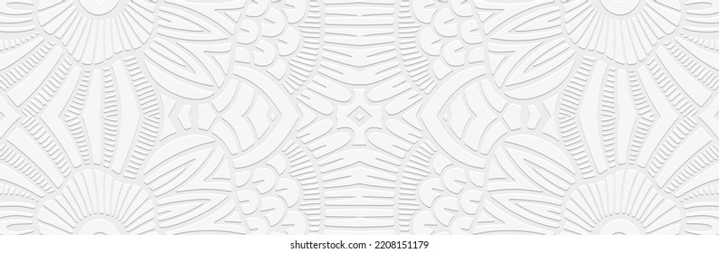 Banner, cover design. Embossed geometric decorative 3d pattern on white background, boho style, paper press. Tribal ornamental ethnos of the East, Asia, India, Mexico, Aztecs, Peru.