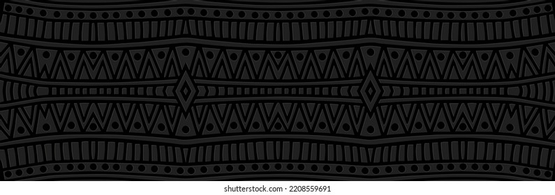 Banner, cover design. Embossed geometric stylish 3d pattern on a black background, boho style, paper press. Tribal ornamental ethnos. Traditions of the East, Asia, India, Mexico, Aztecs, Peru.