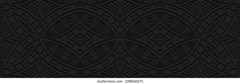 Banner, cover design. Embossed geometric luxury 3d pattern on black background, boho style, paper press. Tribal ornamental ethnos. Traditions of the East, Asia, India, Mexico, Aztecs, Peru.