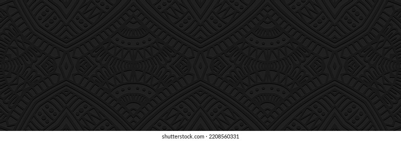 Banner, cover design. Embossed geometric unique 3d pattern on black background, boho style, paper press. Tribal ornamental ethnos. Traditions of the East, Asia, India, Mexico, Aztecs, Peru.