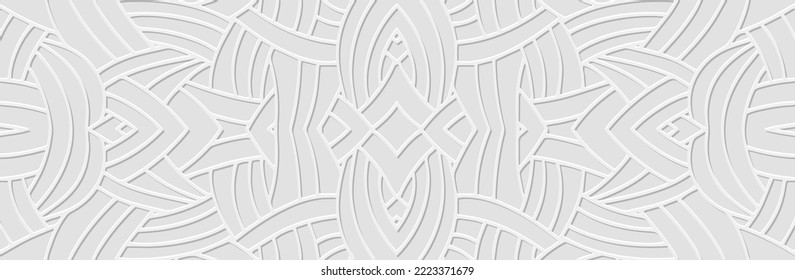 Banner, cover design. Embossed geometric 3d pattern on a white background from lines, paper press, boho, vintage style doodle and zentangle. Tribal ethnos, ornamental texture for presentation, website