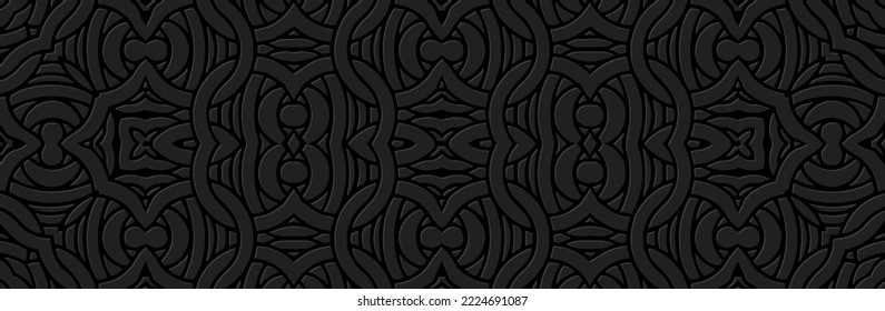 Banner, cover design. Embossed geometric 3d pattern on a black background from lines, paper press, boho style, doodle and zentangle technique. Tribal ethnos, ideas for presentation design, website.