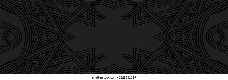 Banner, cover design. Embossed geometric 3d pattern on a black background, paper press. Tribal ethnic motifs, original ornaments, texture of intersecting lines.