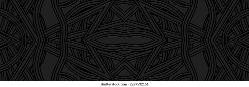 Cartel, diseño de portada. Patrón 3d geométrico con relieve sobre fondo negro, prensa en papel. Motivos étnicos tribales, ornamentos únicos, textura de líneas entrecruzadas.