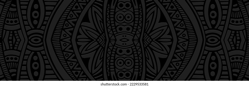 Banner, Cover-Design. Eingeprägtes geometrisches 3D-Muster auf schwarzem Hintergrund, Papierpresse, Boho-Stil, Doodle und zentangle-Technik. Ethnische Stammesmotive, handgemachte Ornamente.