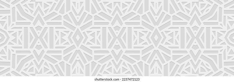 Banner, cover design. Embossed geometric 3d pattern on a white background, paper press, doodle and zentangle technique. Tribal ethnic motifs, unique exotic ornaments in boho style.