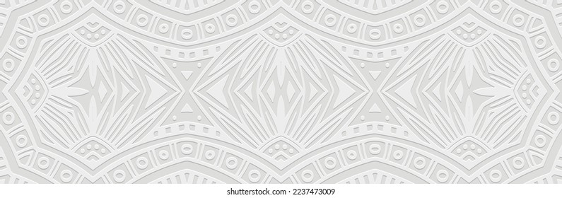 Banner, cover design. Embossed geometric 3d pattern on white background, paper press, abstract doodle and zentangle technique. Tribal ethnic motifs, unique exotic ornaments in boho style.