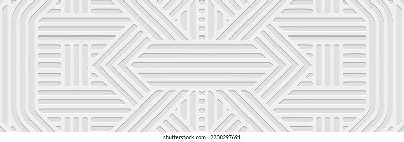 Banner, cover design. Embossed geometric 3d pattern on a white background, paper press, lines. Tribal ethnic motifs, original art deco ornaments.