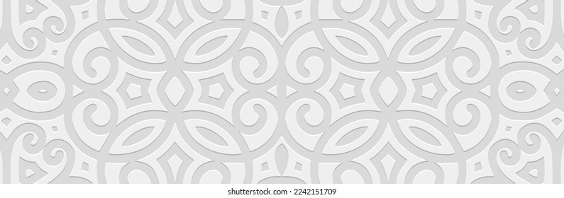 Banner, cover design. Embossed geometric 3d pattern on a white background, paper press, art deco. Tribal ethnic motifs, vintage ornaments, decorative texture in boho style.