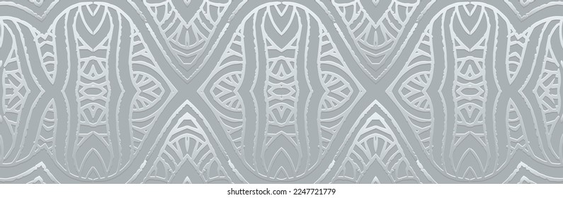 Banner, cover design. Embossed geometric festive 3d pattern on a silver background, paper press, boho, art deco. Ethnic traditions, tribal ornaments of the peoples of the East, Asia, India, Mexico