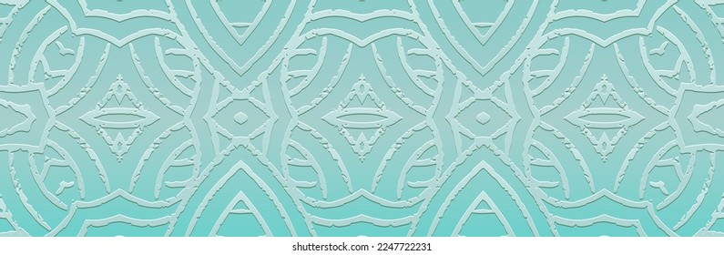 Banner, cover design. Embossed geometric abstract 3d pattern on a turquoise background, paper press, boho, art deco. Ethnic traditions, tribal ornaments of the peoples of the East, Asia, India, Mexico