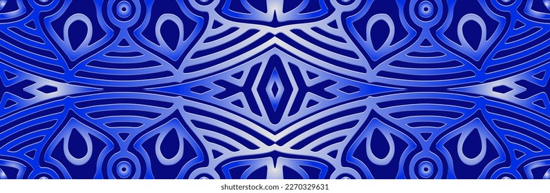 Banner, cover design. Embossed geometric unique creative 3d pattern on blue background. Ethnic boho, current handmade themes of the peoples of the East, Asia, India, Mexico, Aztecs, Peru.