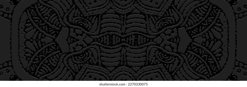 Banner, cover design. Embossed geometric vintage exotic 3d pattern on black background, fresco. Ethnic boho, current handmade themes of the peoples of the East, Asia, India, Mexico, Aztecs, Peru.