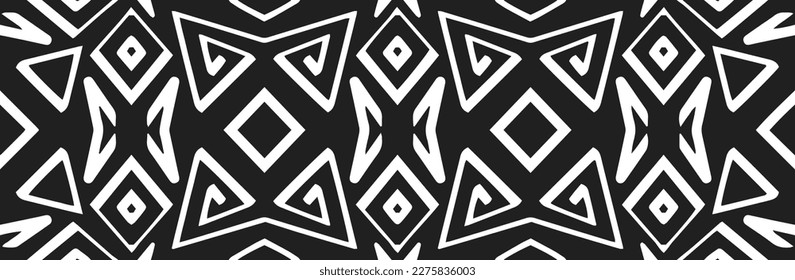Banner, cover design. Embossed geometric pattern on a black background. Ethnic motifs, unique textures of the East, Asia, India, Mexico, Aztecs, Peru. Dudling, boho, art deco.