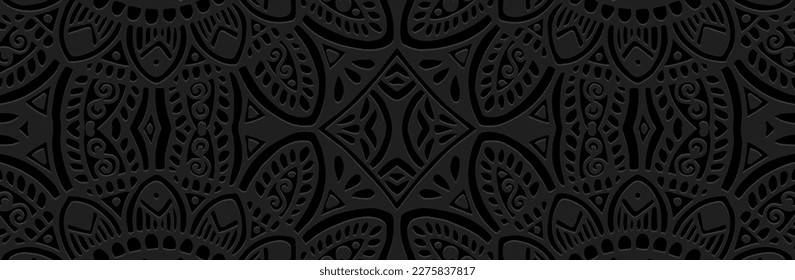 Banner, cover design. Embossed geometric 3D pattern on a black background. Ethnic motifs, stylish textures of East, Asia, India, Mexico, Aztecs, Peru. Dudling, boho, art deco.