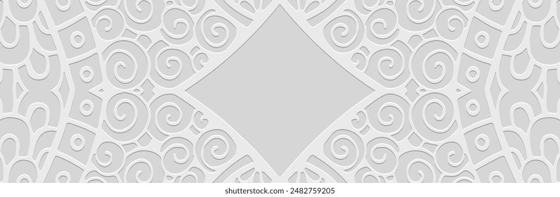 Banner, cover design. Embossed geometric ethnic unique 3D pattern on white lorem background. Ornaments, arabesques, doodles, zentangles. Handmade style of East, Asia, India, Mexico, Aztec, Peru.