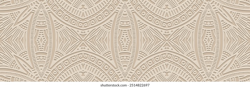 Anuncio, diseño de portada. Patrón geométrico original 3D en relieve, fondo claro, relieve. Adornos, arabescos, mandala, trabajo manual. Cultura étnica del Este, Asia, India, México, Azteca, Perú.