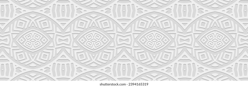 Banner, cover design. Embossed tribal geometric Greek 3D pattern, meander, white background. Abstraction, handmade, anti-stress. Ethnic motives.