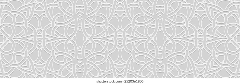 Banner, design de capa. Padrão 3D elegante geométrico em um fundo branco, em relevo. Ornamentos de aberturas, arabescos, mandala, artesanato dos povos do Leste, Ásia, Índia, México, Asteca, Peru. 