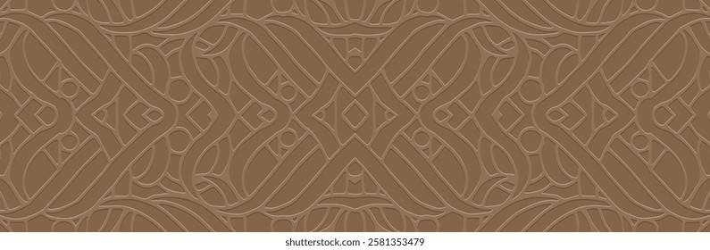 Banner, cover design. Geometric ethnic original 3D pattern, beige background, embossing, vintage. Boho style. Relief decorative ornaments, arabesques of the East, Asia, India, Mexico, Aztec, Peru.