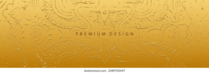 Banner, cover design. Geometric ethnic exotic golden old 3d pattern on gold background, embossing, vintage. Embossed ornaments, arabesques, mandala of the East, Asia, India, Mexico, Aztec, Peru.