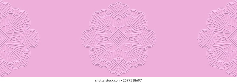 Banner, cover design. Geometric ethnic relief 3D pattern, mandala. Pink glamorous background, embossing. Ornaments, arabesques, logo of the East, Asia, India, Mexico, Aztec, Peru.