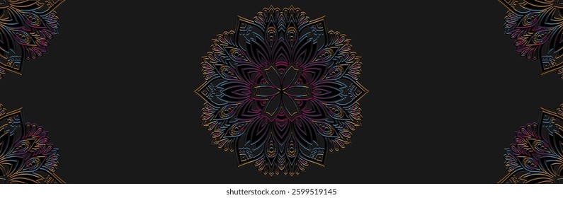 Banner, cover design. Geometric ethnic relief magic shiny 3D pattern, mandala. Black background, embossing. Ornaments, arabesques, logo of the East, Asia, India, Mexico, Aztec, Peru.