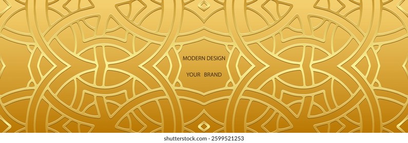 Banner, cover design. Geometric ethnic gold 3D pattern on gold lorem background with frame for text, embossing. Relief ornaments, arabesques, mandala of the East, Asia, India, Mexico, Aztec, Peru.