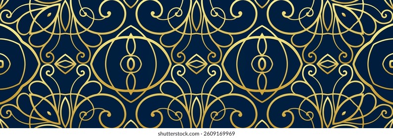 Banner, cover design. Geometric ethnic gold openwork 3D pattern on a blue background. Ornaments, arabesques, mandala, painting of the East, Asia, India, Mexico, Aztec, Peru.
