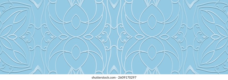 Banner, cover design. Geometric ethnic openwork 3D pattern on a light blue background, embossing. Ornaments, arabesques, mandala, painting of the East, Asia, India, Mexico, Aztec, Peru.
