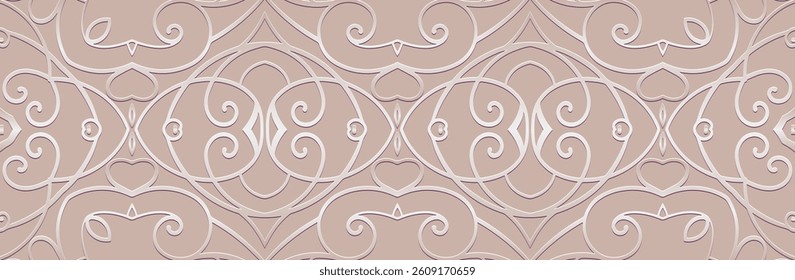 Banner, cover design. Geometric ethnic openwork 3D pattern on a light background, embossing. Ornaments, arabesques, mandala, painting of the East, Asia, India, Mexico, Aztec, Peru.
