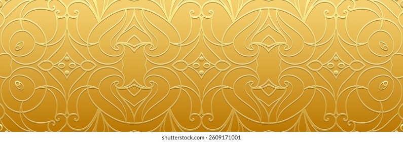 Banner, cover design. Geometric ethnic gold openwork 3D pattern on a gold background, embossing. Ornaments, arabesques, mandala, painting of the East, Asia, India, Mexico, Aztec, Peru.